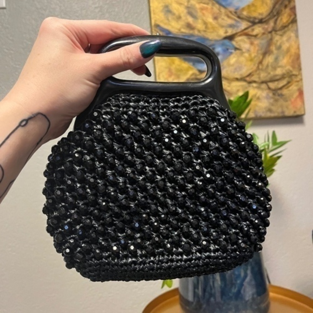 Vintage 1980s Large Shimmery Beaded Black Hardbag with Chunky Acrylic Handle 10